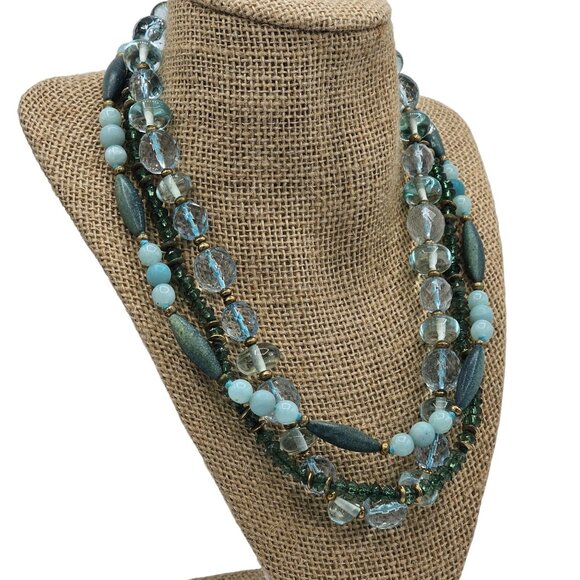 Monet Multi-Strand Blue Green Acrylic Glass Bead Faceted Crystal Toggle Vintage - Picture 1 of 3